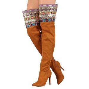 Anna Michelle Thigh High Boots Women 8 Tan Good Embroidered Sequin Boho Stiletto
